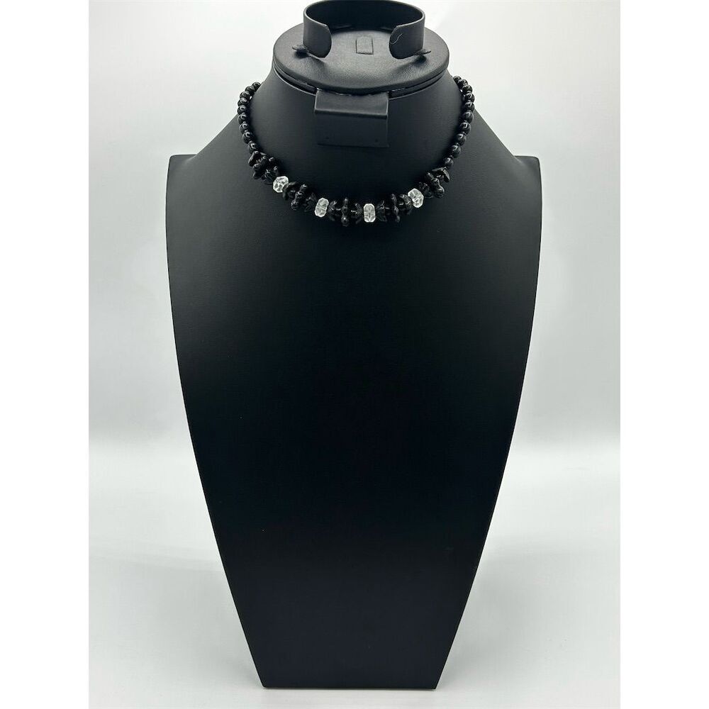 Vintage Black Flower and Clear Beaded Necklace